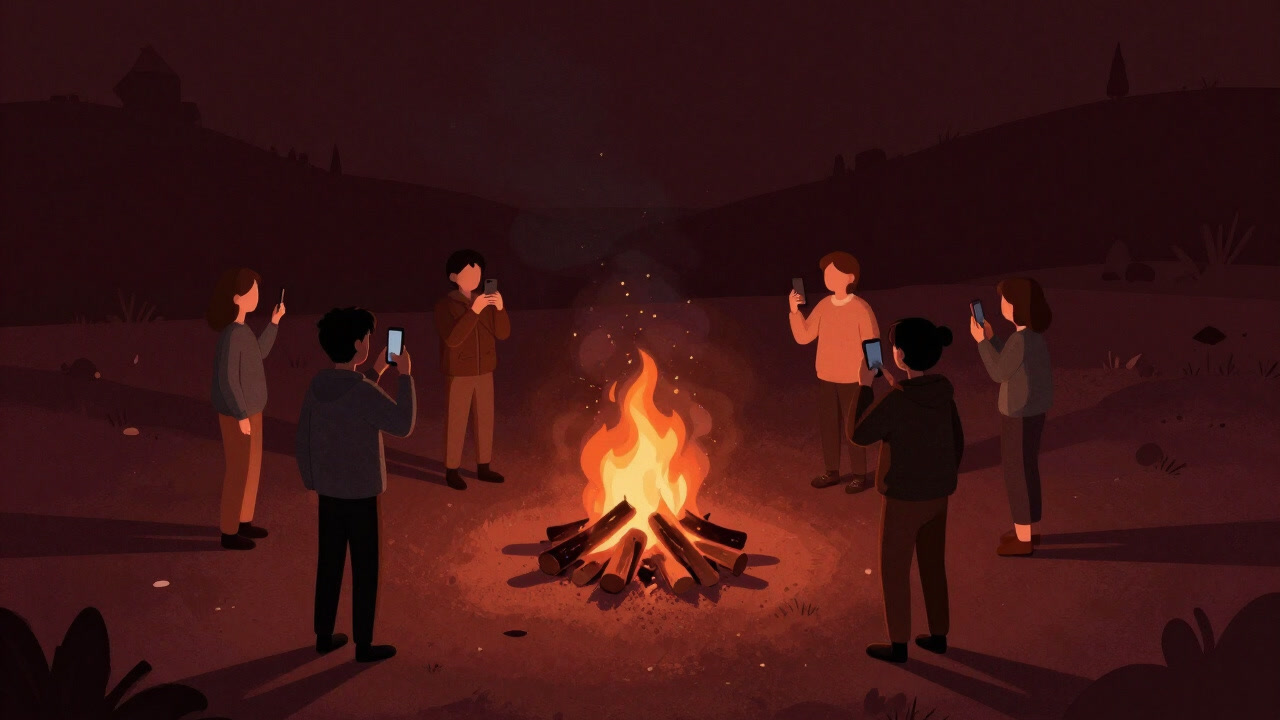 夜の野外で薪が組まれた焚き火がパチパチと火花を散らし、人々がその周りに集いながらスマホを構えている光景