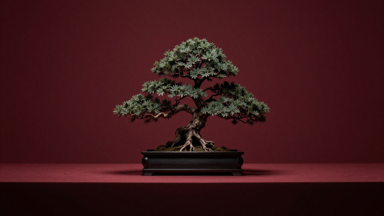 Image of a tiny bonsai tree placed at the center of a miniature stage exuding a sense of grandeur