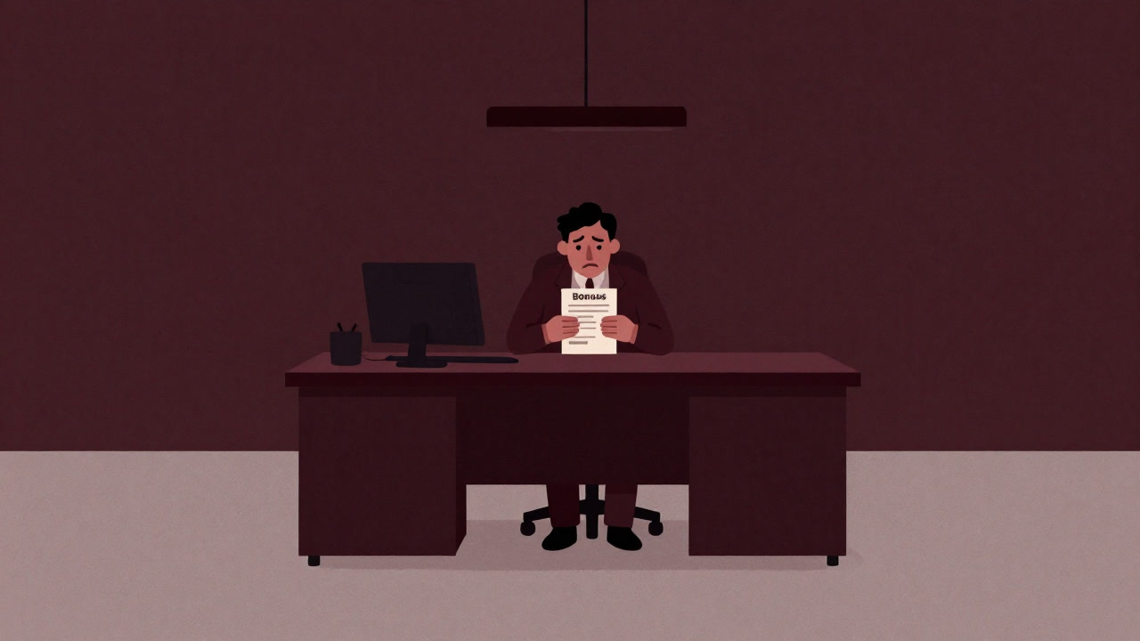 暗いオフィスで、小さな賞与明細をにらみつける社員の手元
