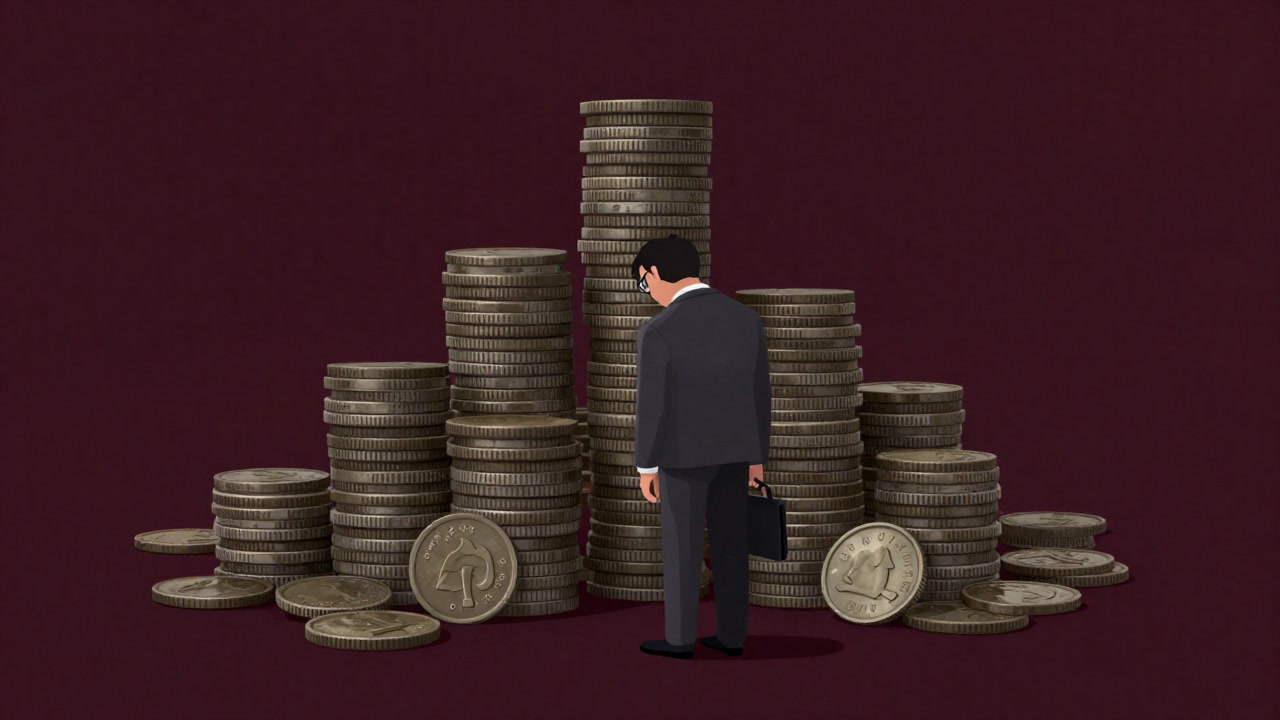 A businessman standing bewildered before a mountain of stacked coins