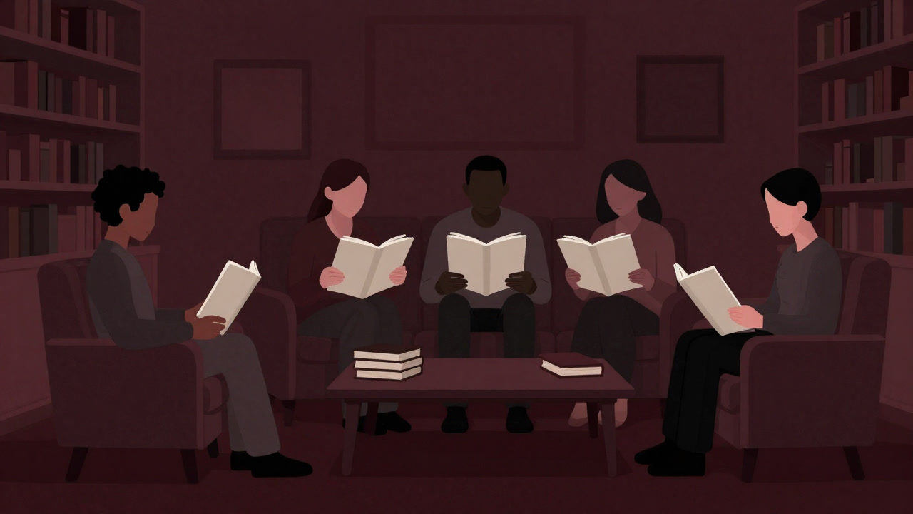 本棚を背景に、ソファに座って空のページを前に固まる人々のシルエット