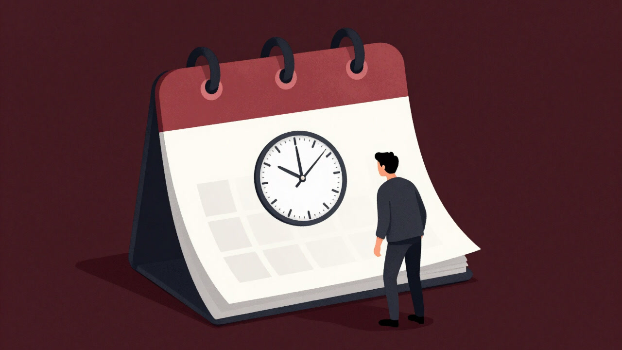 Silhouette of a person trapped in a calendar page, anxiously looking at a clock