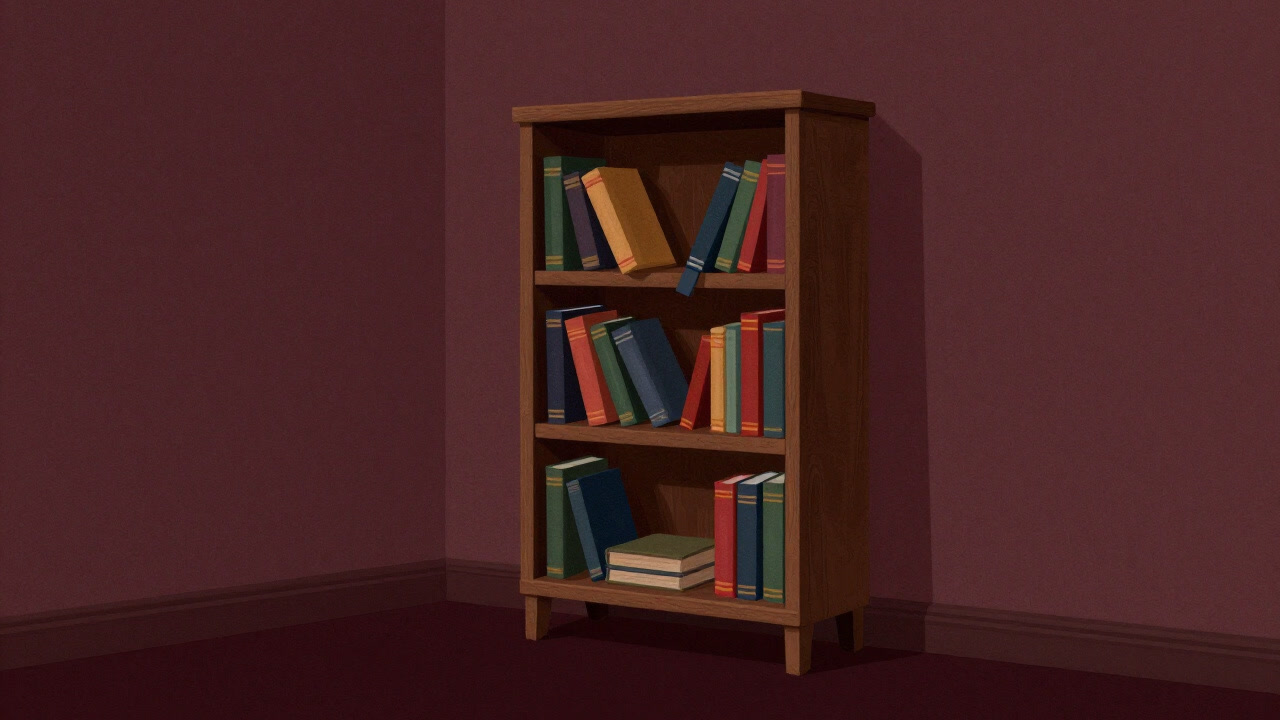 リビングの片隅で木製の本棚が背後に立ち、無言で主張する様子