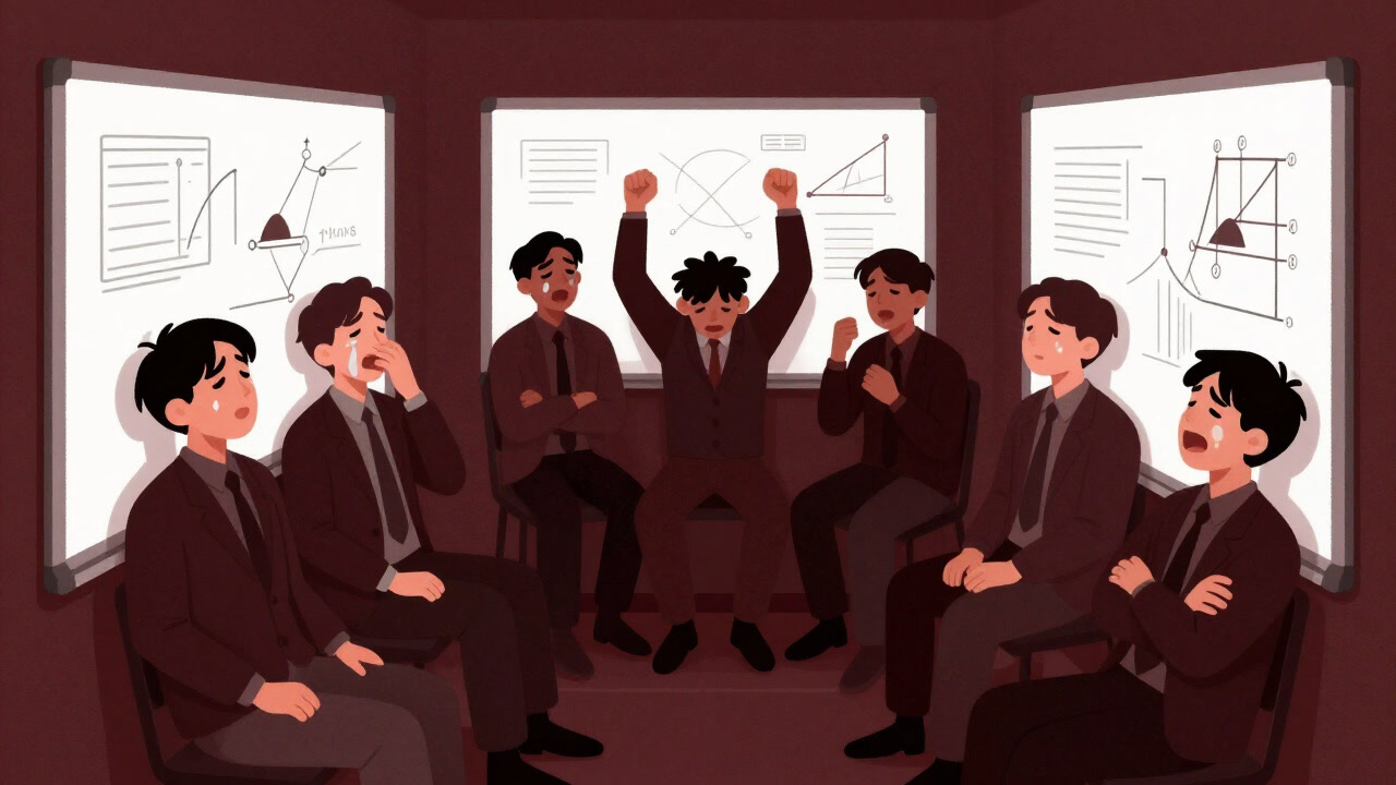 Participants writhing in agony and ecstasy simultaneously in a room surrounded by whiteboards