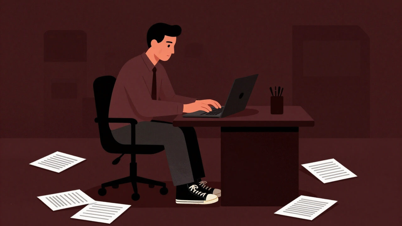 A dimly lit office with the shadow of an entrepreneur bootstrapping his startup at a laptop, surrounded by scattered papers and spreadsheets.