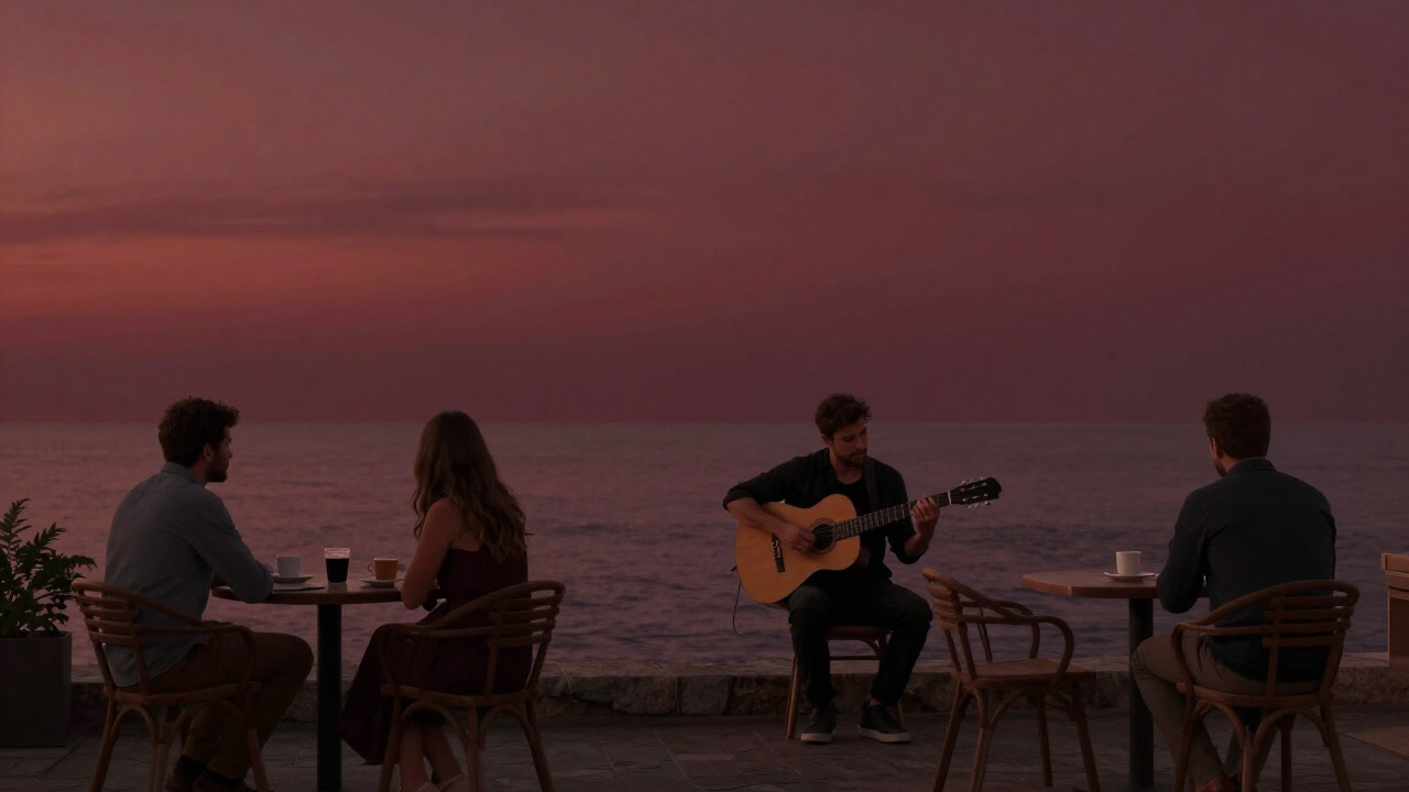 A seaside cafe scene with elegant yet melancholic bossa nova music playing
