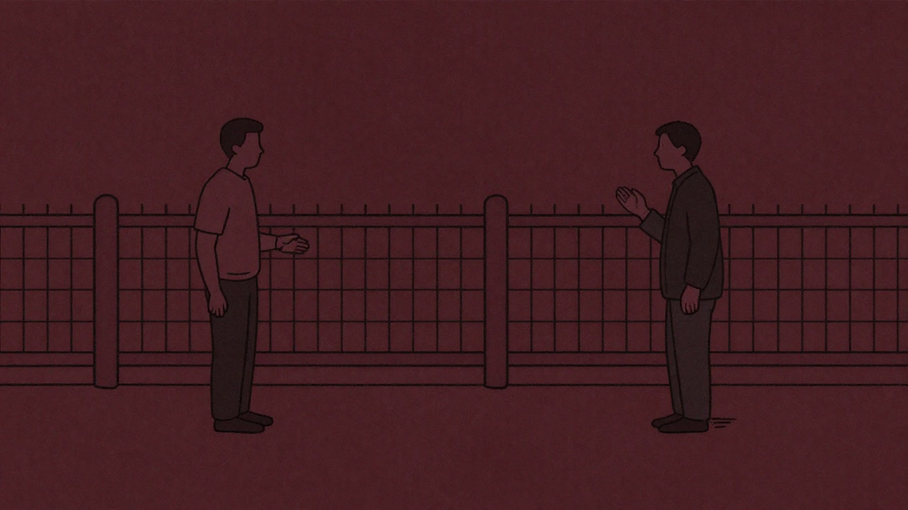 二人の間に目に見えぬフェンスが立ち、静かに交渉を繰り広げるイラスト