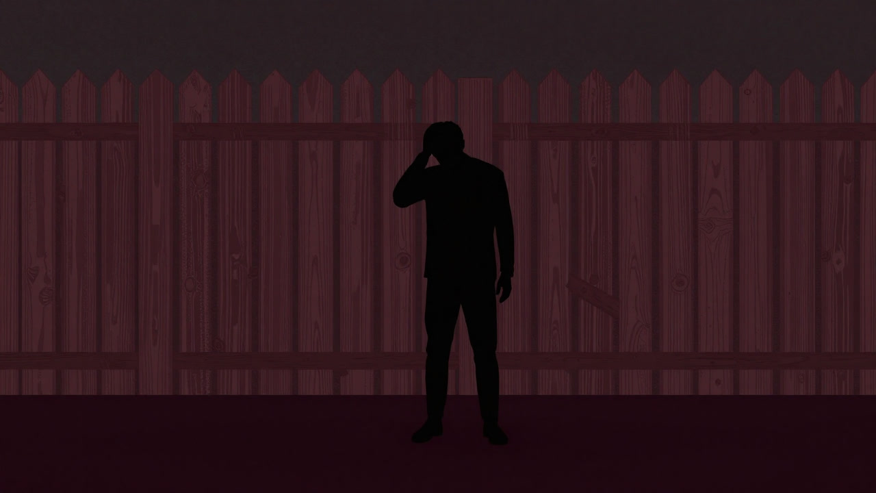 Silhouette of a person with a conflicted expression standing before a tall boundary fence.