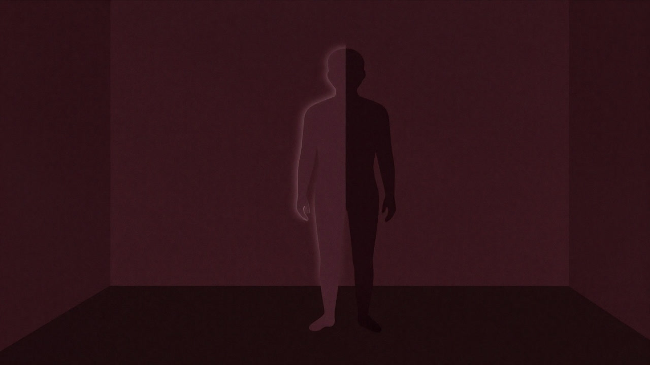 薄暗い背景にうっすらと浮かぶ境界線が、人の影を分断している様子