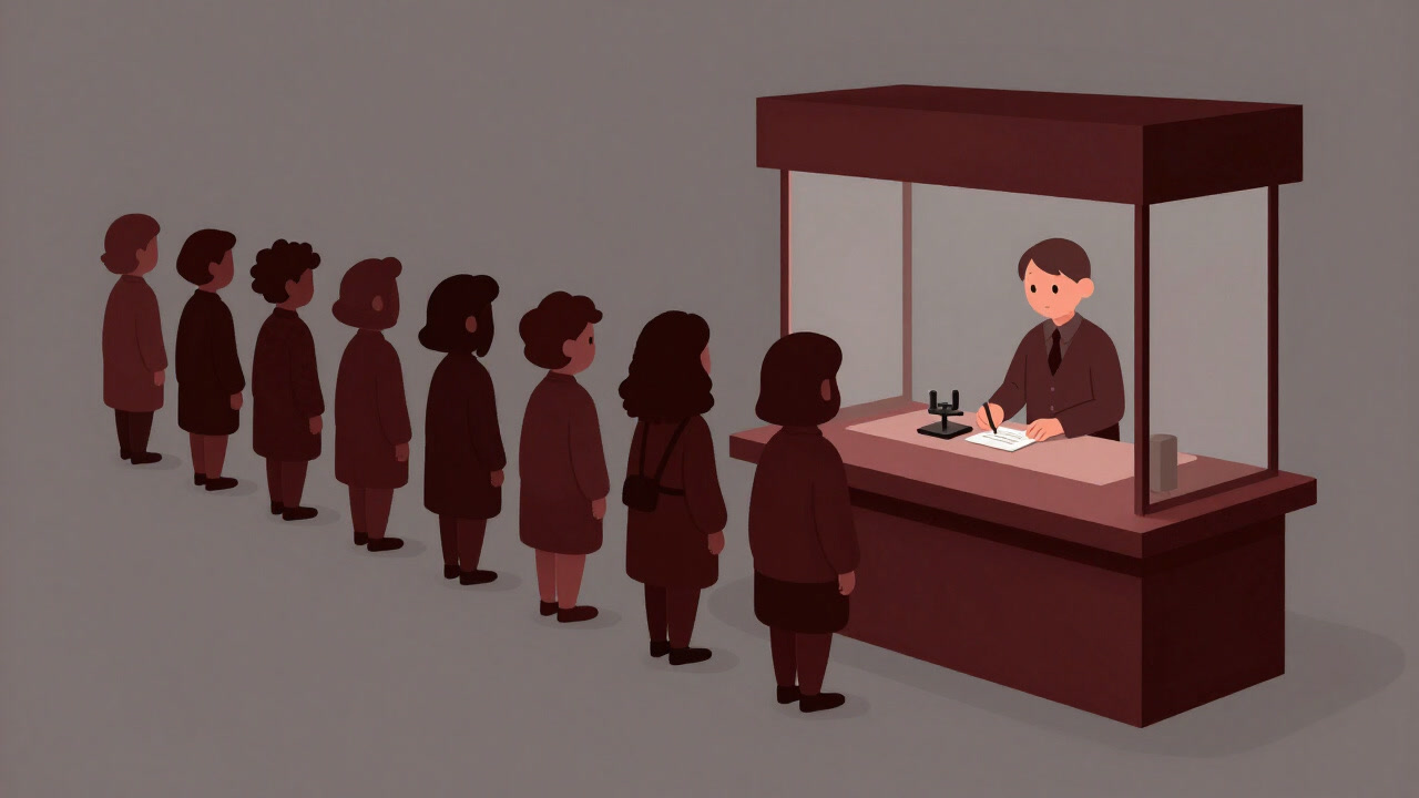 Illustration of an expressionless ticket clerk selling tickets before a long line