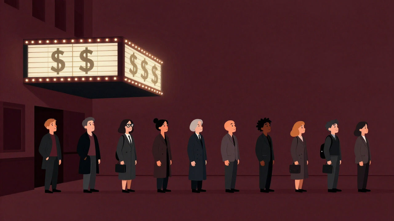映画館の外に行列ができ、スクリーン上にはドル記号が浮かぶイラスト