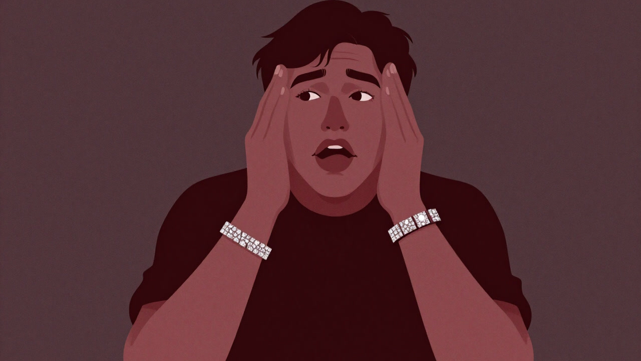 An illustration of a young person wearing a glittering bracelet on their wrist, casting a vanity-filled gaze.