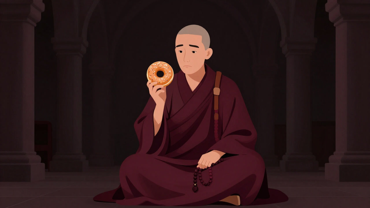 Illustration of an ascetic monk in an old monastery hesitating over a donut