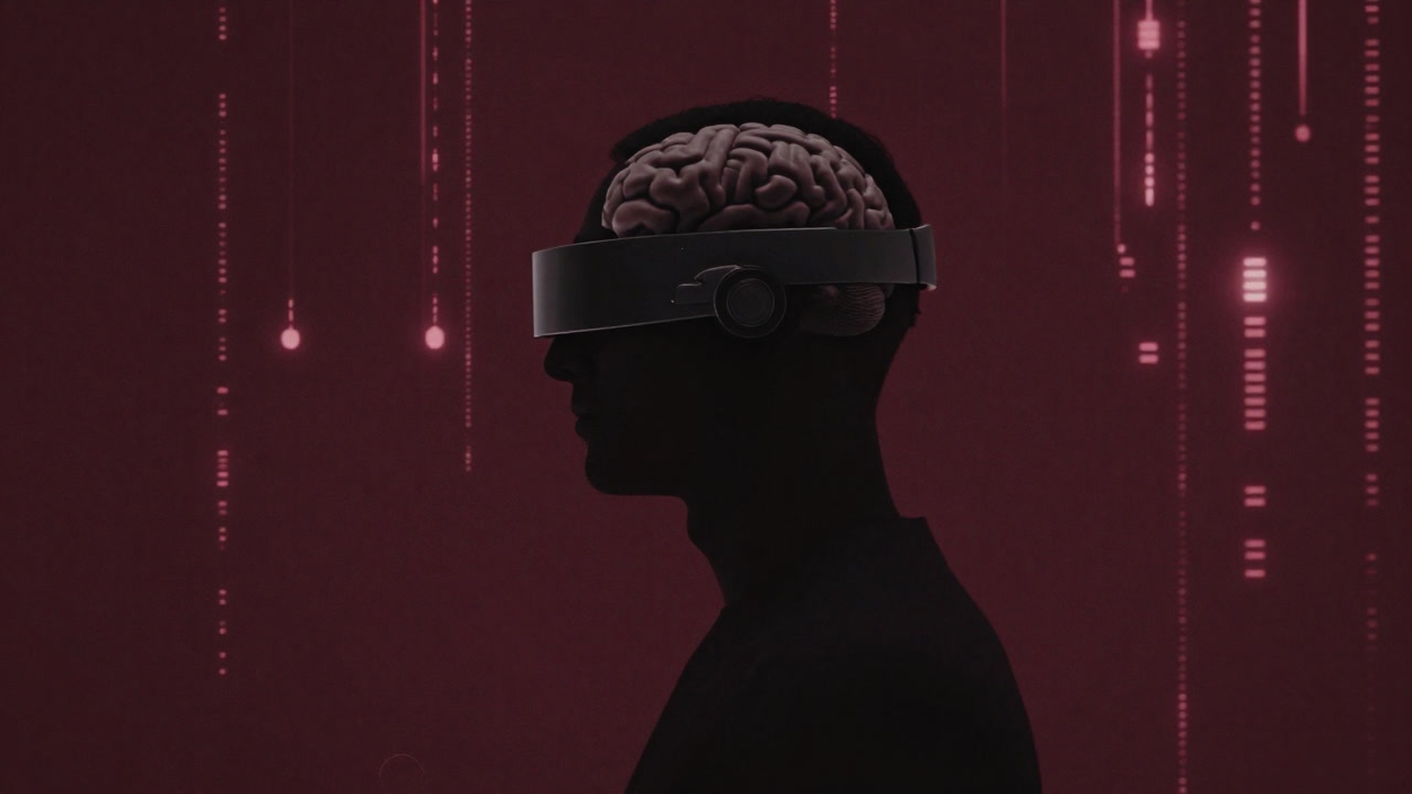 未来的なヘッドセットを着用し、視線をスクリーンに固定している人物の影