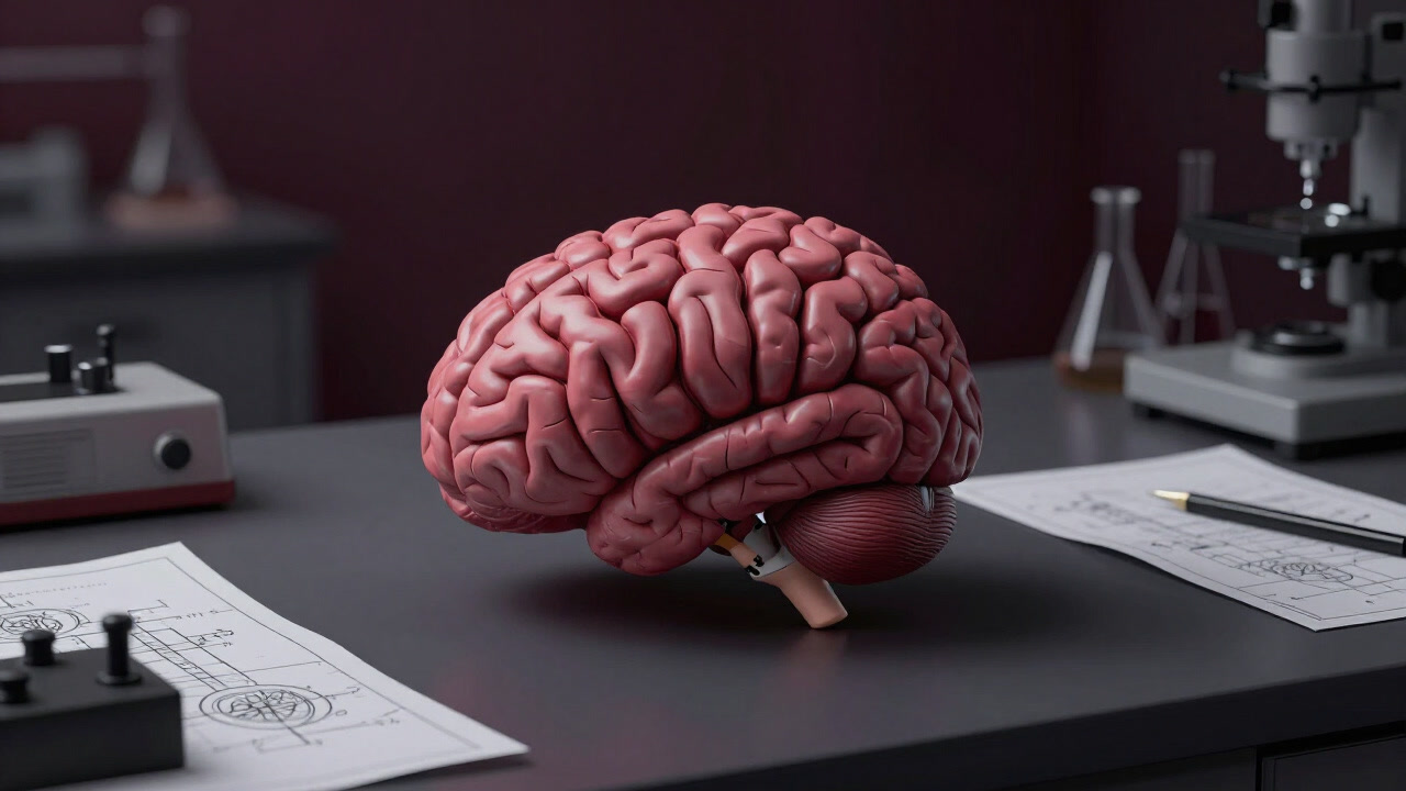 A small anatomical brain model sits silently on a desk in a dimly lit lab, surrounded by schematics and measuring devices