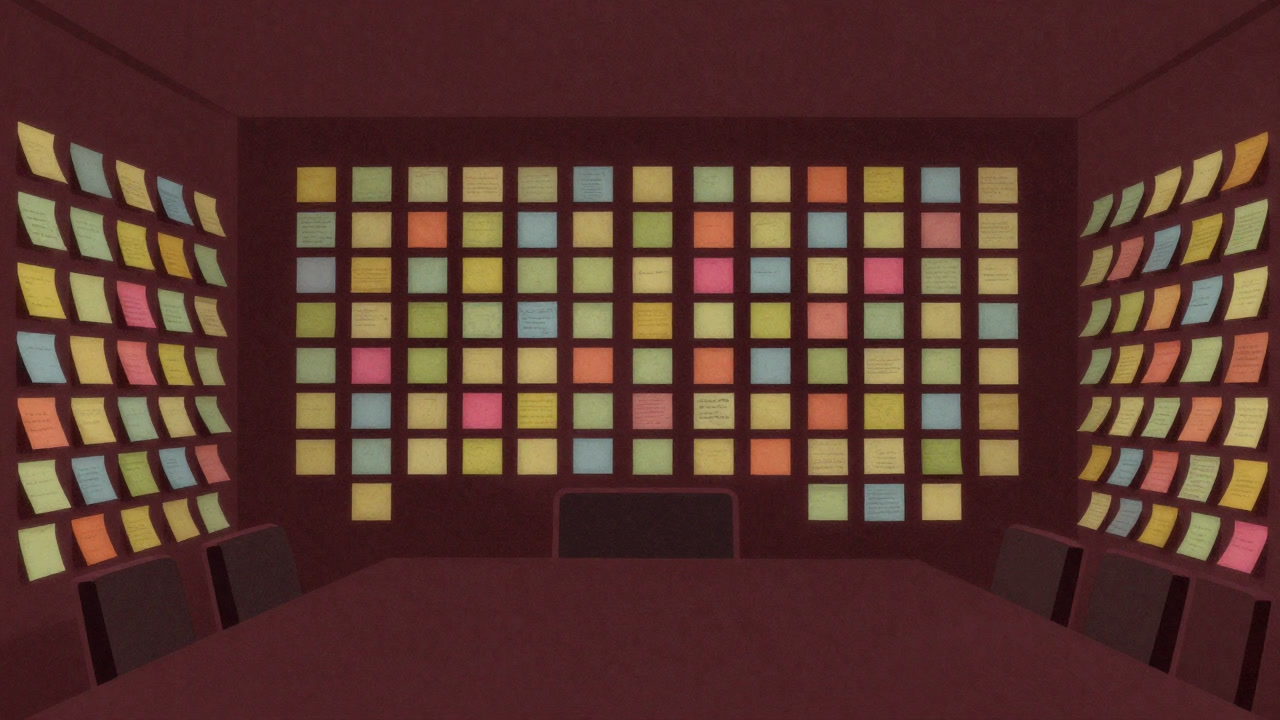 Photo of a conference room wall covered in countless sticky notes representing remnants of ideas.