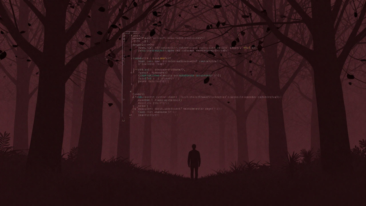 Silhouette of a developer lost in a forest of commits branching endlessly like trees