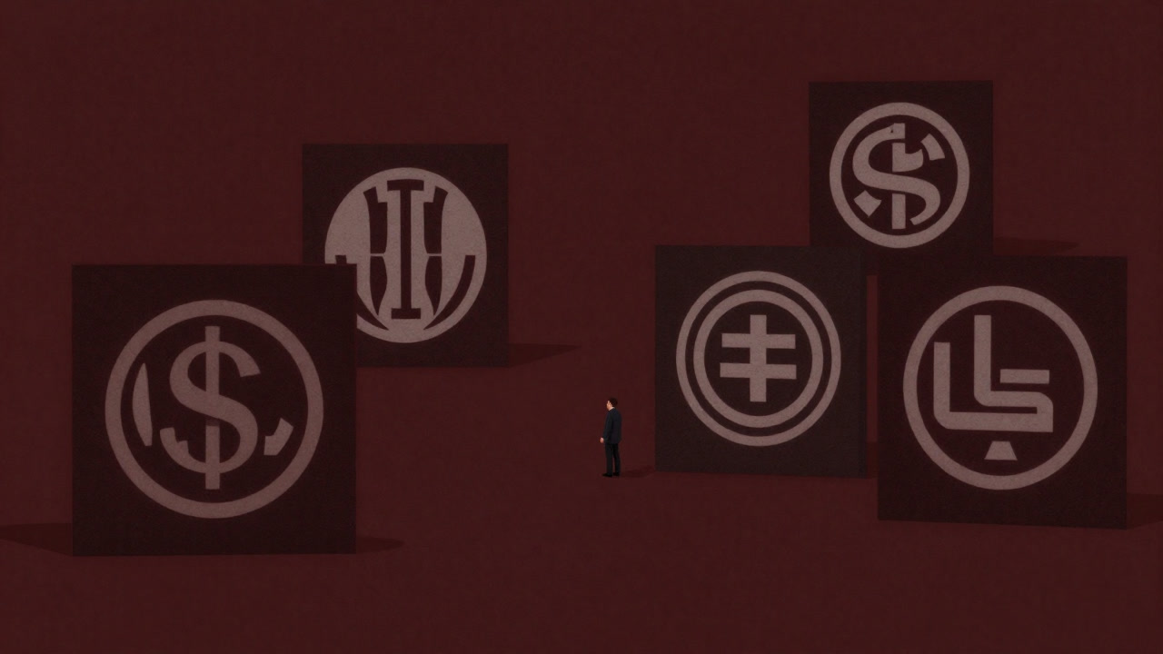 An illustration of a tiny human figure dwarfed by giant corporate logo panels surrounding them
