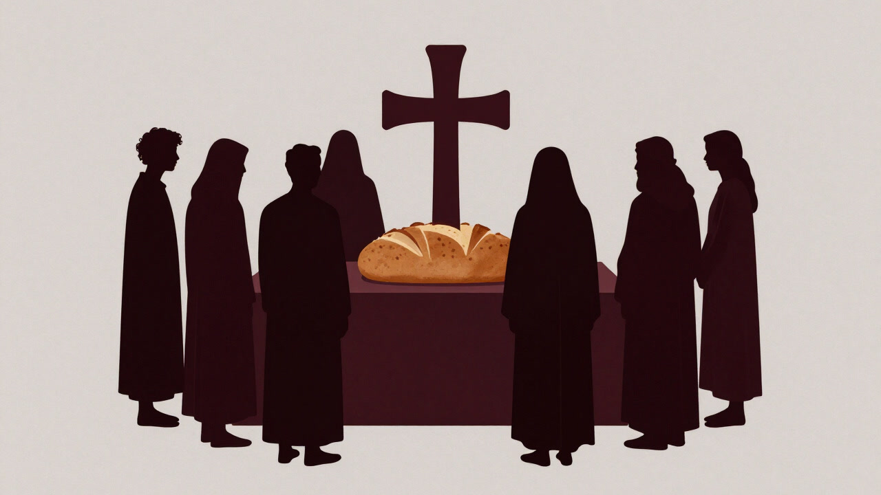 Silhouettes of people worshipping a loaf shaped like a cross