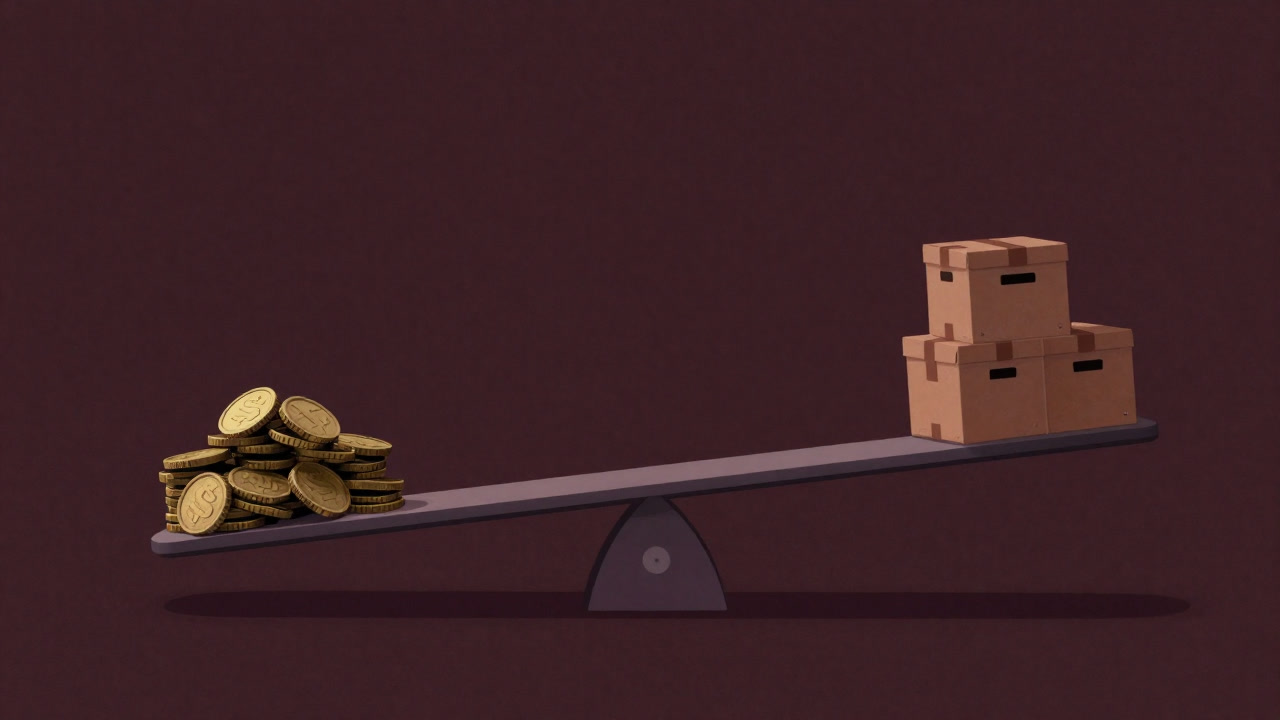 コインと商品を天秤にかけ、ぎりぎりバランスを保つシーソーのイラスト