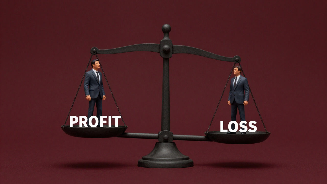 Illustration of two miniature businessmen balancing profit and loss on a scale