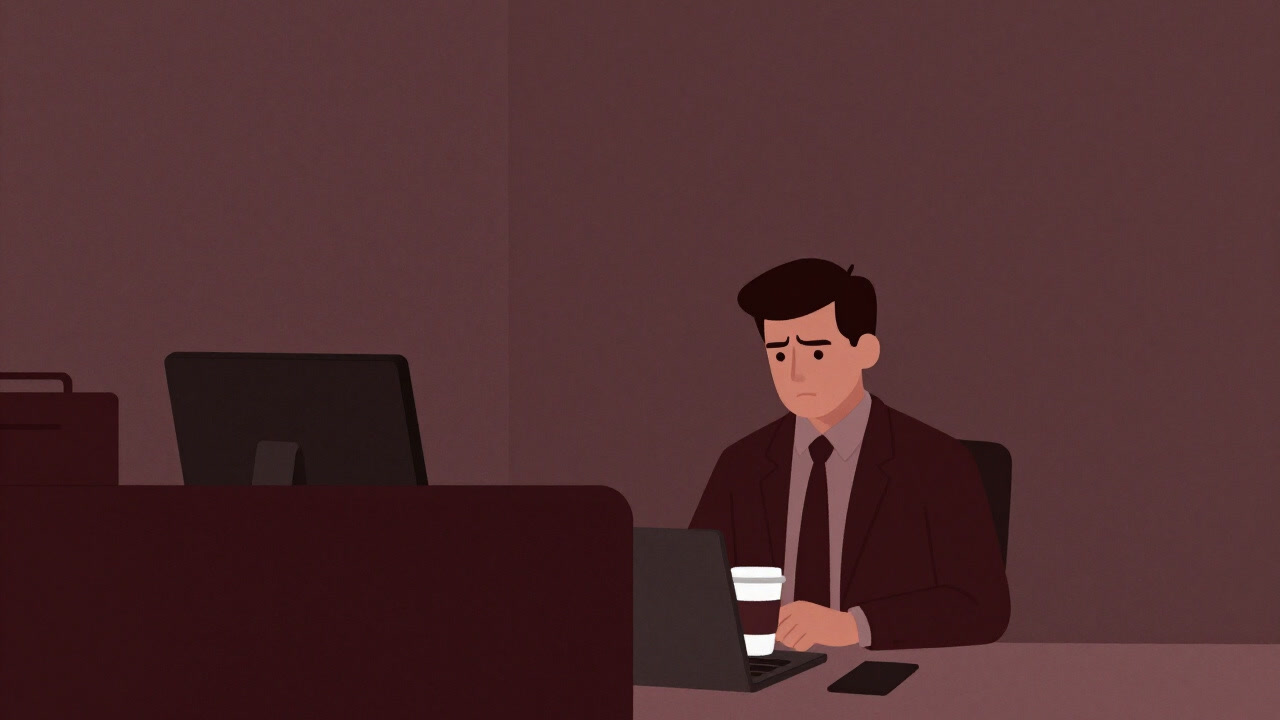 Illustration of a business person standing in a chaotic office corner, frowning while holding a coffee.
