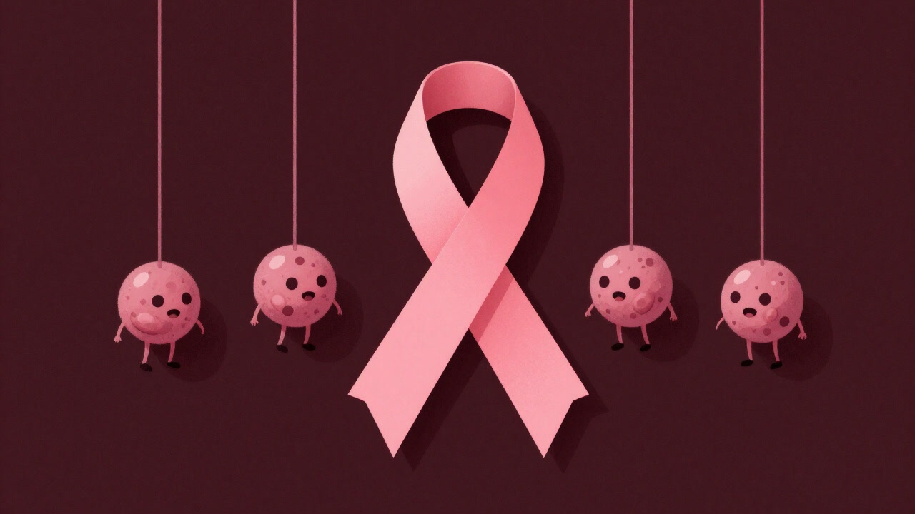 Illustration of countless tiny breast cells dangling from a pink ribbon as if preparing to revolt
