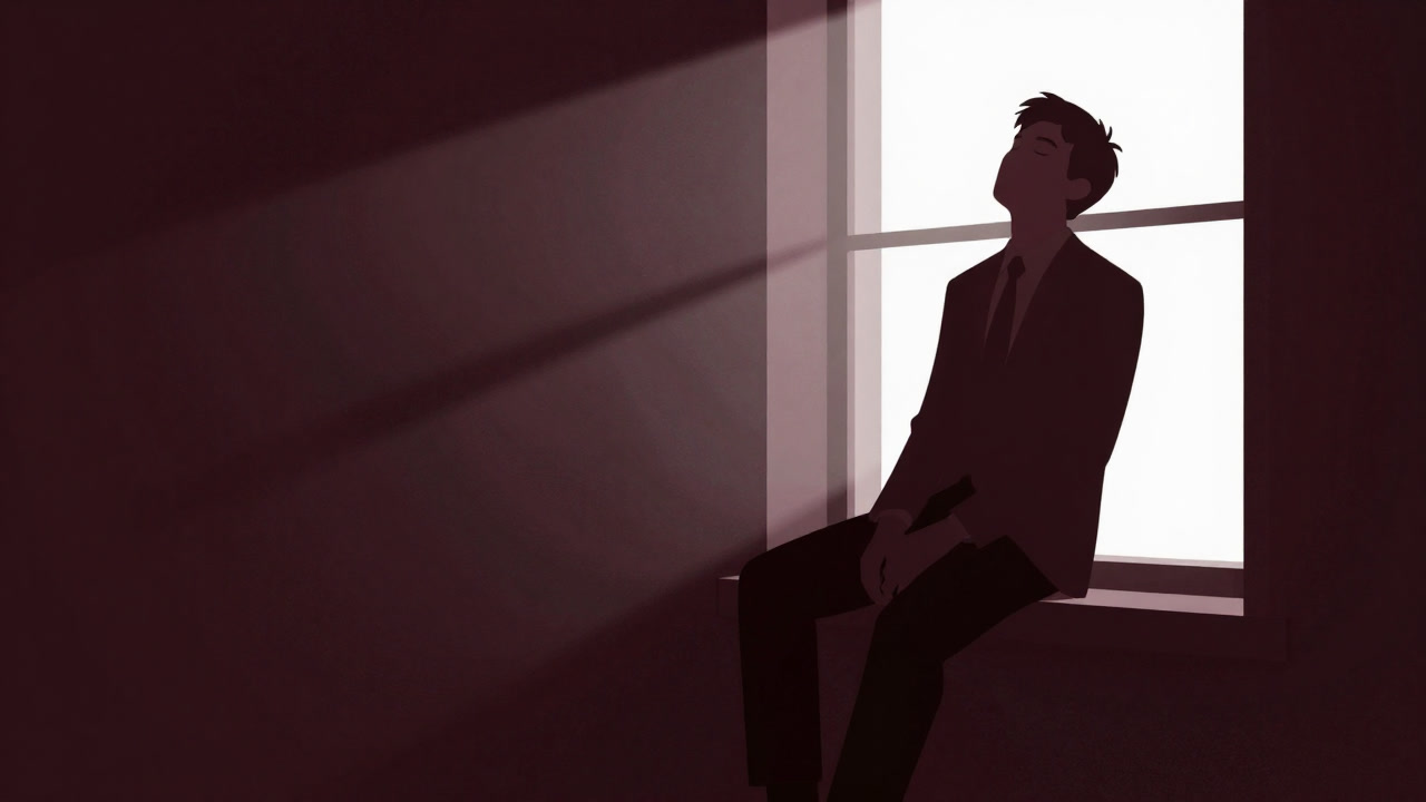 Silhouette of a business person by the window closing their eyes and taking a deep breath