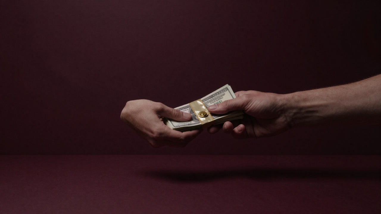 Photograph of hands exchanging a package of banknotes in a dimly lit room.