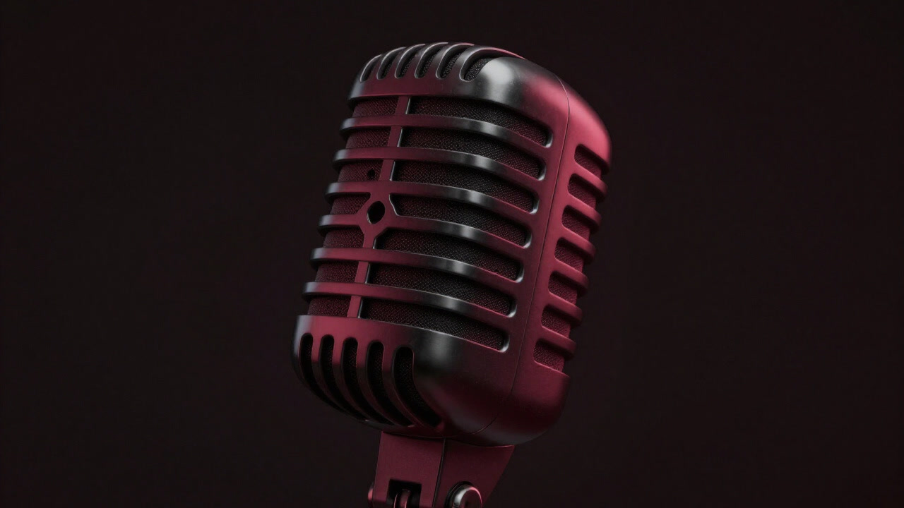 Photograph of a broadcast microphone illuminated by a spotlight in a dark studio