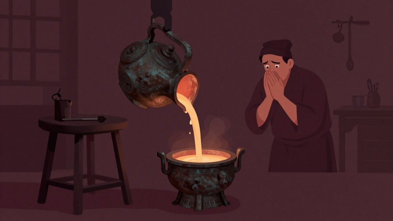 A weathered mold being filled with molten bronze in a workshop where the technician’s screams overshadow the final piece