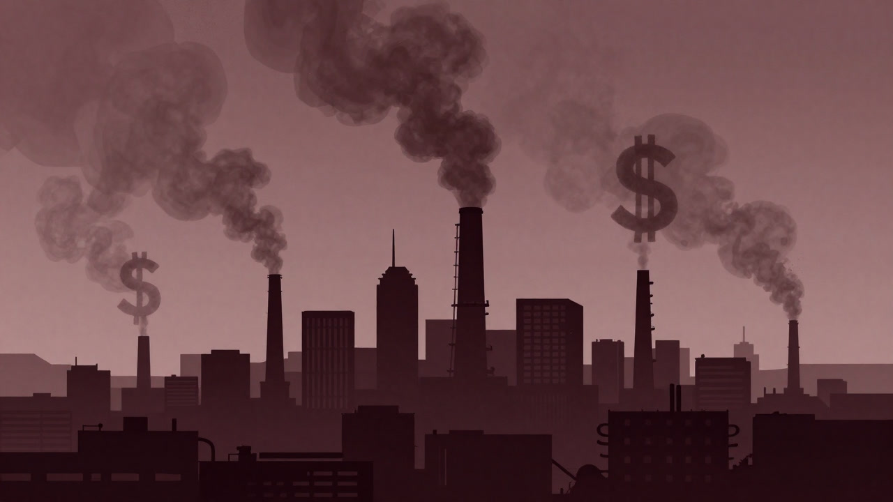 Landscape of factories spewing brown soot and smoke in the background.