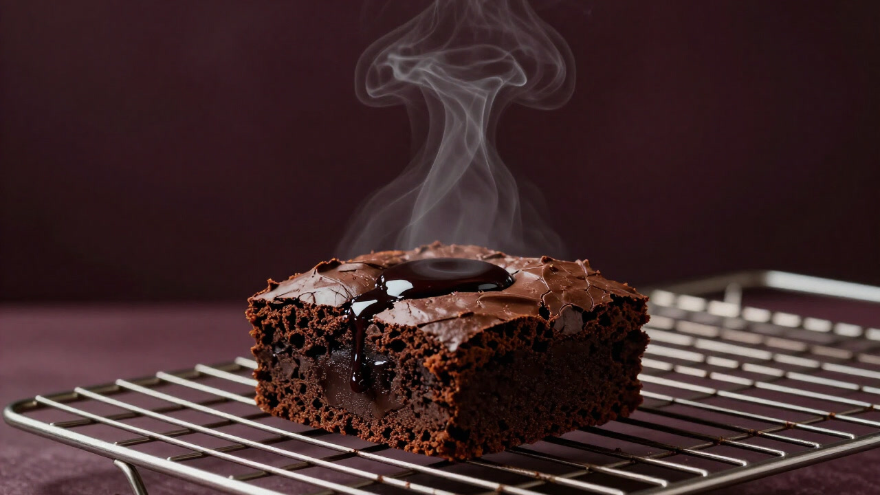 チョコレートが溶けたブラウニーが冷めるのを待つ様子を切り取ったお菓子の写真