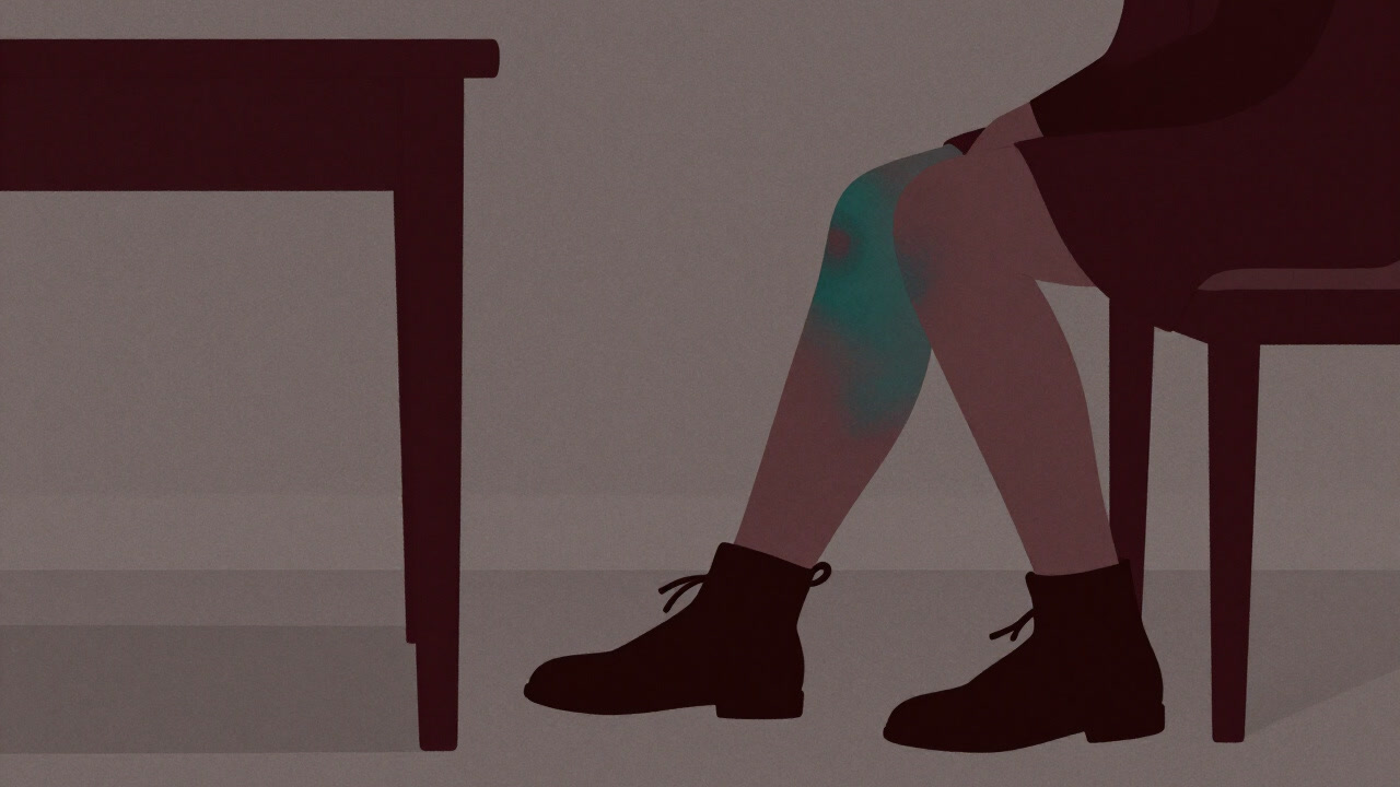 A person looking at their knee turned blue-green after hitting the corner of a table