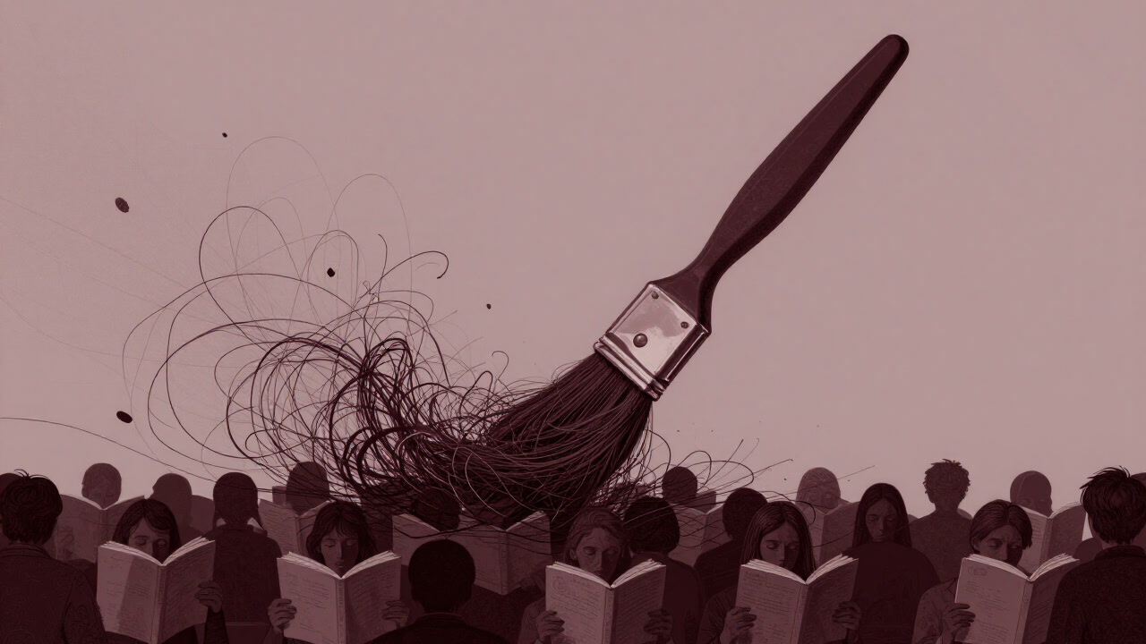 Illustration of a giant chaotic paintbrush swirling colors and lines while mocking an audience of readers