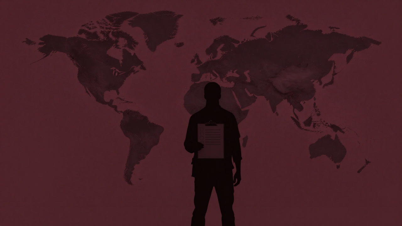 Silhouette of a traveler holding a list with checkboxes against a world map backdrop