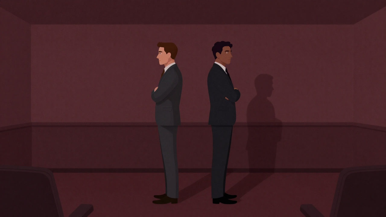 Illustration of two silhouettes crossing backs-to-back, casting suspicious glances at each other