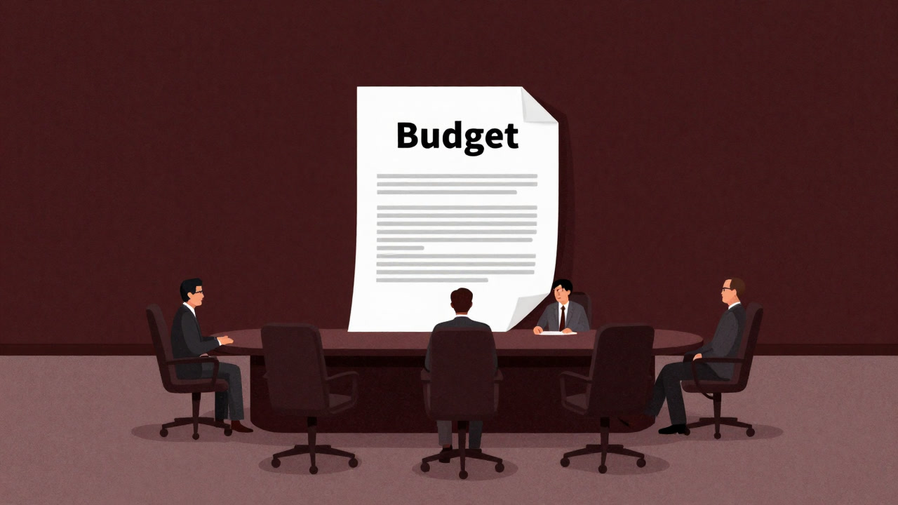 Executives overwhelmed in a dimly lit boardroom by a towering budget document