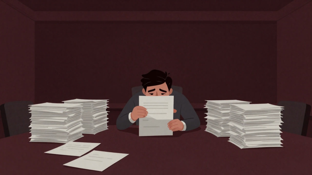 Illustration of a weary employee staring at towering piles of budget proposals on a conference table.