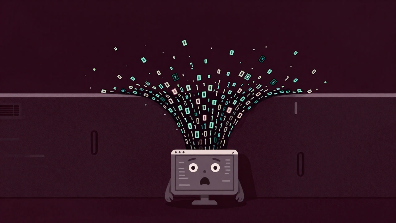 Image of a program standing in shock as a storm of overflowing bits crosses memory boundaries