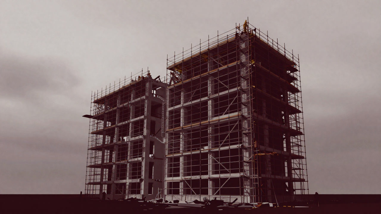 古びたビルの外壁に足場が無数に組まれ、薄曇りの空を背景に工事が進む様子の画像