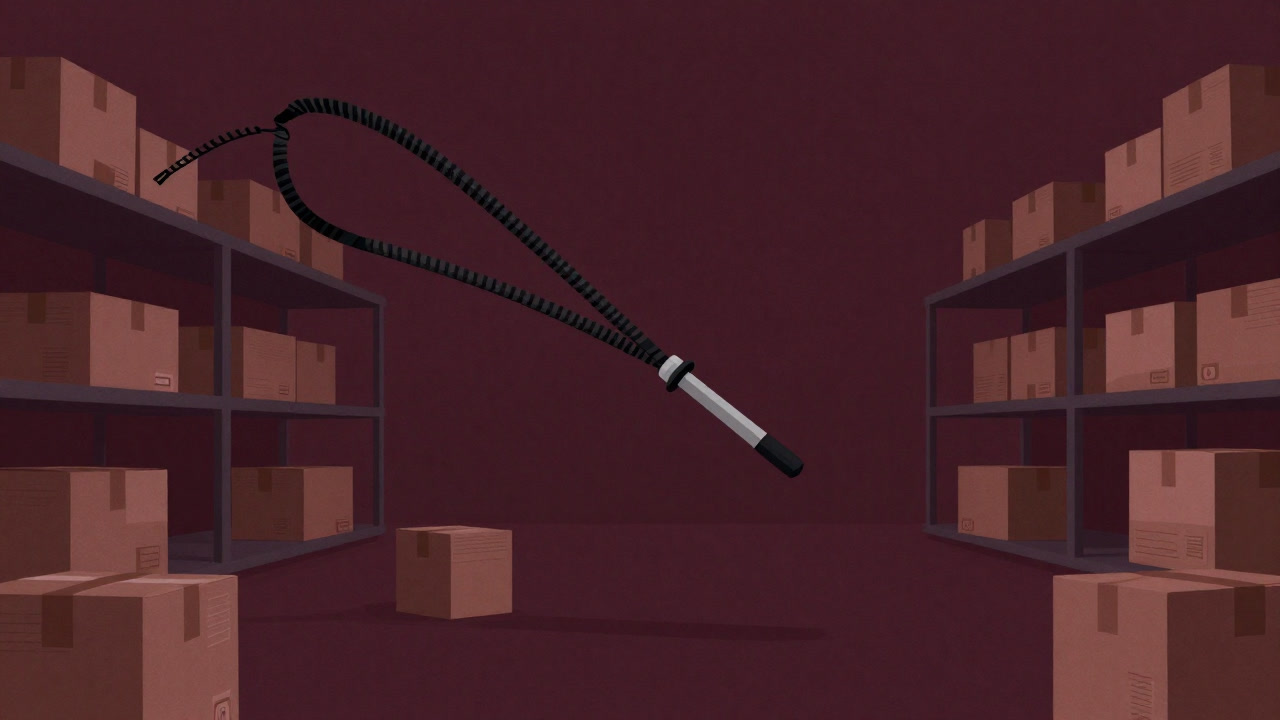 サプライチェーンを象徴する鞭が倉庫の上で揺れ動くイラスト