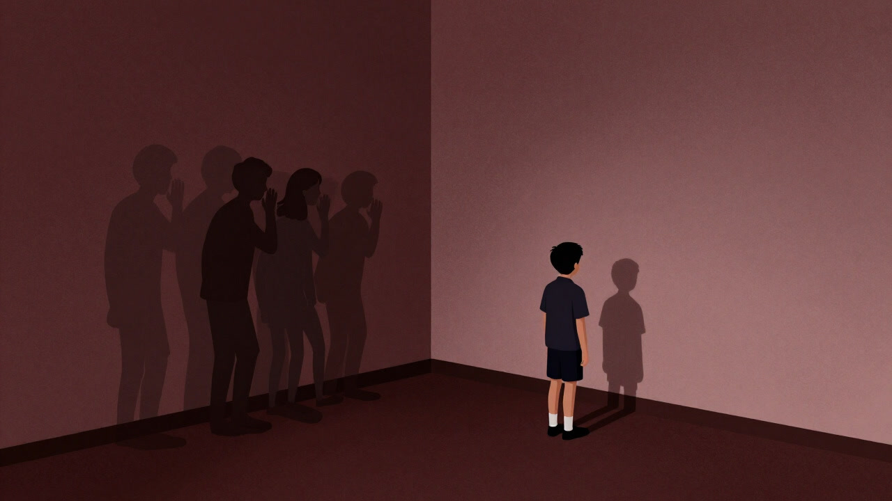 教室の隅で背を向け、ひとり佇む生徒と、その後ろで囁き合う複数のシルエット