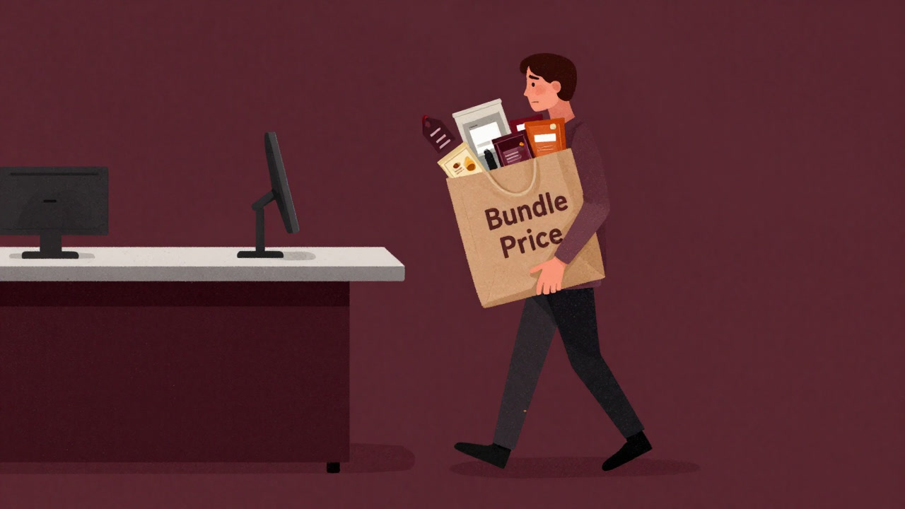 Image of multiple product packages stuffed into a paper bag hanging heavily, with price tags dangling in front.