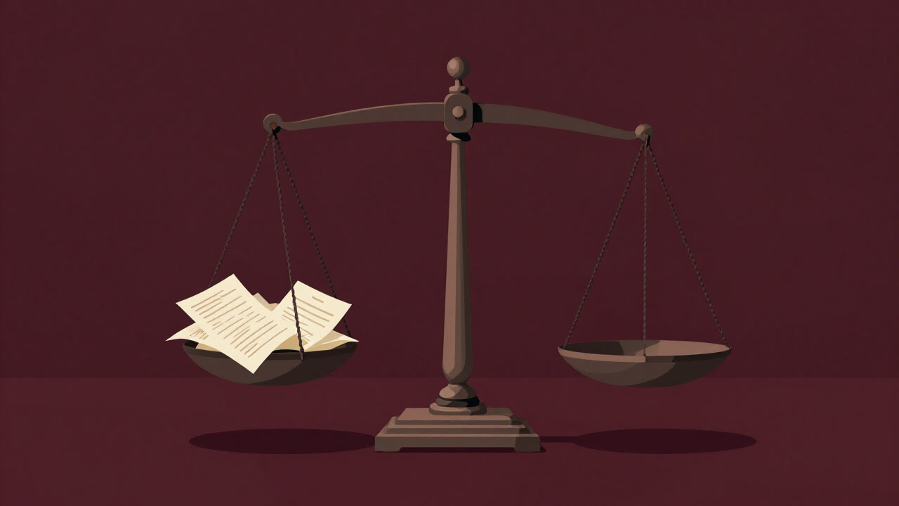 Illustration of a giant scale before a courtroom witness stand, piled unevenly with mountains of evidence