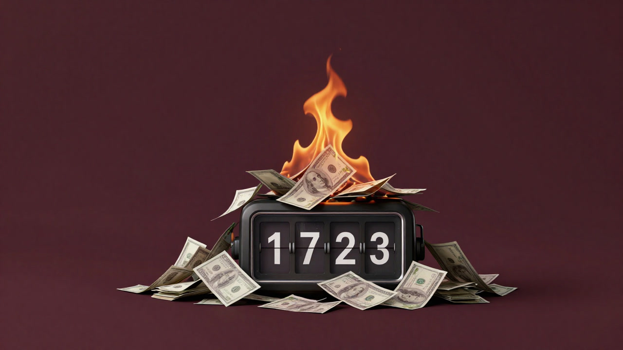 燃え盛るタイマーの上で焦げ付く紙幣の山