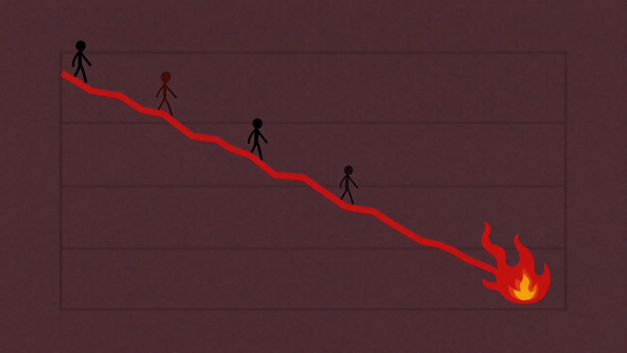 燃え盛る炎のように赤く下降する線と、炎に焼かれる小さな人形のイラスト