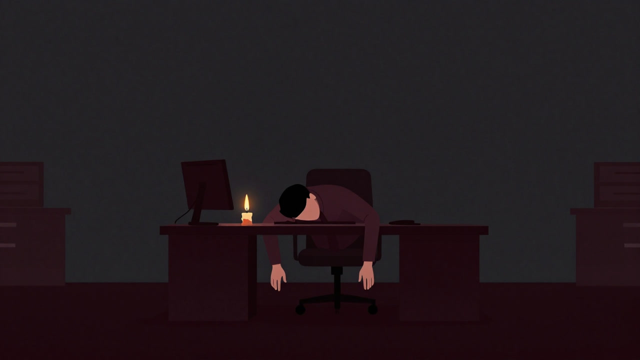 真っ黒に燃え尽きたキャンドルのように、机に伏せた社員の背中が映る写真