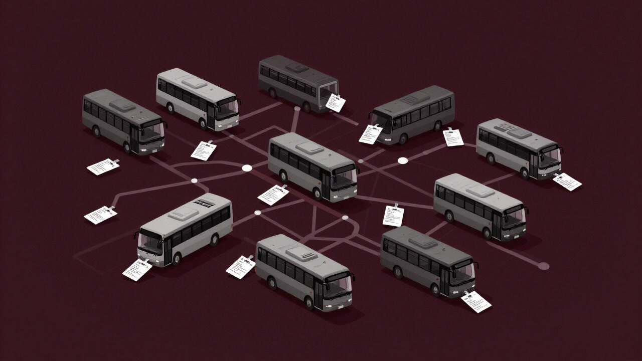 Illustration of countless buses scattered over a route map with plastic bus passes