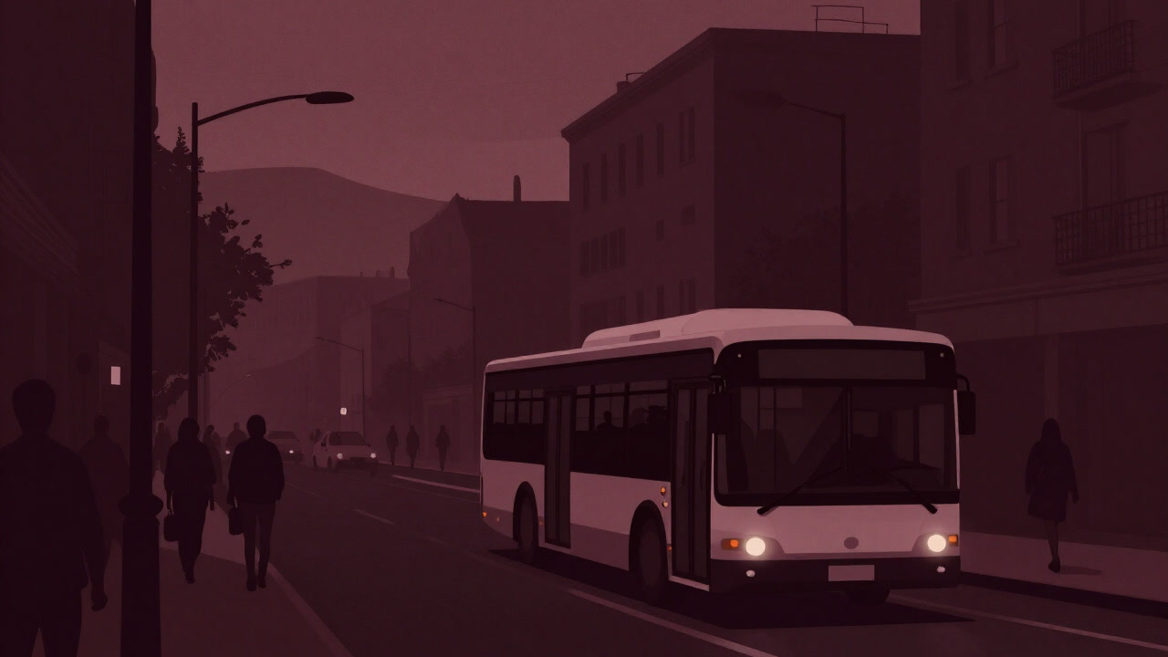 Silhouette of a crowded bus driving away on a winding road against a dark twilight sky